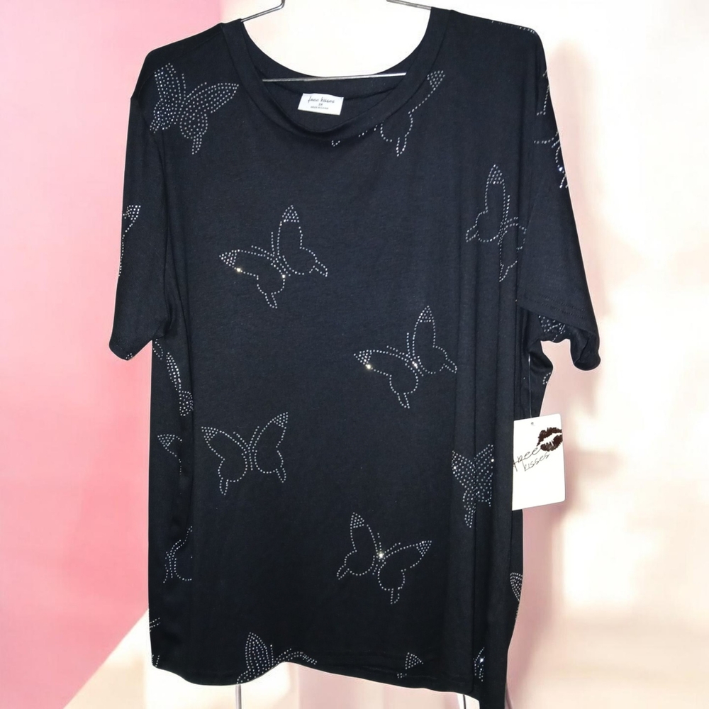 Free Kisses Black Short Sleeve Tee with Rhinestone Butterflies